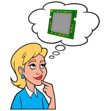 Girl thinking about a Computer Processor - A cartoon illustration of a Girl thinking about the power of a Computer Processor.
