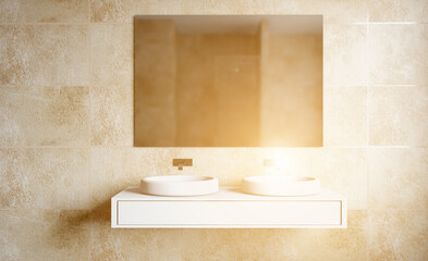 Bathroom interior bathtub. 3D rendering.. Sunset.