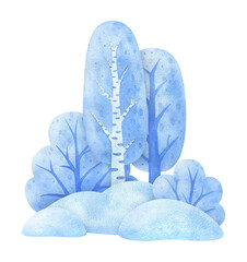 Watercolor winter landscape for background. Illustrations of seasonal nature. Blue snow-covered island with trees, shrubs, snow drifts. Isolated hand-painted image of a piece of forest land