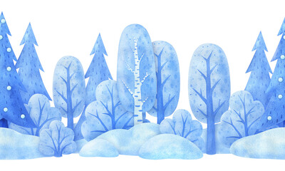 An endless illustration of the winter natural environment. Watercolor seasonal landscape. Seamless pattern of nature. Horizontal border with trees, shrubs in the snow. Isolated image of a forest park