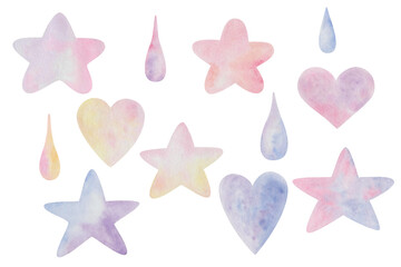 Watercolor illustration of hand painted colorful stars, hearts, water rain drops of blue, yellow, pink, purple colors. Isolated clip art elements for wedding and party design invitation, postcard