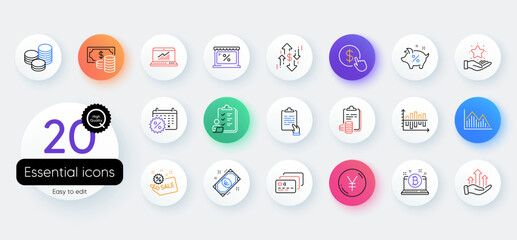 Simple set of Market, Accounting and Clipboard line icons. Include Online statistics, Dollar rate, Checklist icons. Yen money, Bitcoin, Tips web elements. Growth chart, Calendar discountsCard. Vector