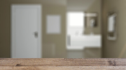 Bathroom interior bathtub. 3D rendering.. Mockup.   Empty painti. Background with empty wooden table. Flooring.