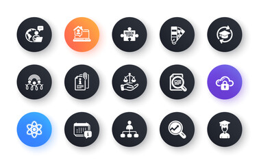 Minimal set of Analytics, Check article and Palette flat icons for web development. Calendar, Outsource work, Work home icons. Quick tips, Continuing education, Chemistry atom web elements. Vector