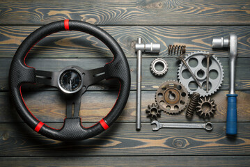Car spare parts on the workbench flat lay background with copy space. Car repair service.