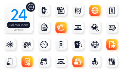 Set of Technology flat icons. Website education, Timer and Security contract elements for web application. User notification, Seo timer, Attachment icons. Seo analysis, Bell alert. Vector