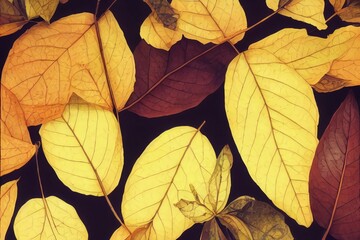 brown plant leaves in autumn season, dark background 