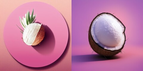 coconut cut in half on pastel pink background. Creative idea. Minimal concept. 3D rendering  - obrazy, fototapety, plakaty
