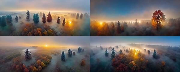 vroege ochtend zonsopgang mistig bos, boomtoppen die uit de mist staan herfst herfst mistige herfst zonsopgang drone schot