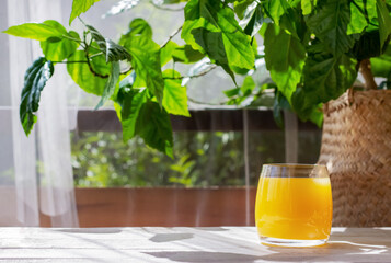 Glass of fresh orange juice on the white wooden table in the summer terrace