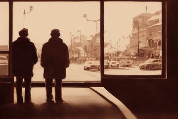 Old friends - two elderly men meet up sadly in front of windows, cars outside the diner.