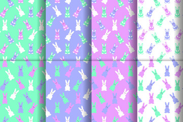 Set of cute cartoon bunny patterns. Seamless vector background with rabbits for kids design. 