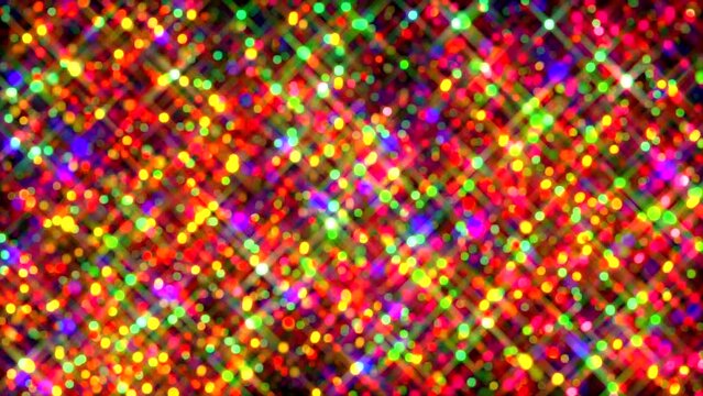 A composite seamless loop video of vibrant festive Christmas falling bokeh light particles backdrop in a retro style with flickering light lens flare glint.
