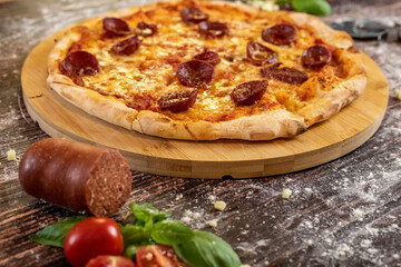 Pizza Sucuk delicous and fresh out of the oven close up with Sucuk sausage