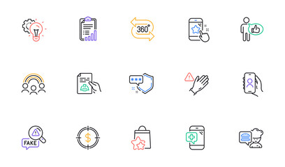 Idea gear, Inclusion and Chef line icons for website, printing. Collection of Checklist, Dollar target, Use gloves icons. Medical phone, 360 degree, Loyalty points web elements. Vector