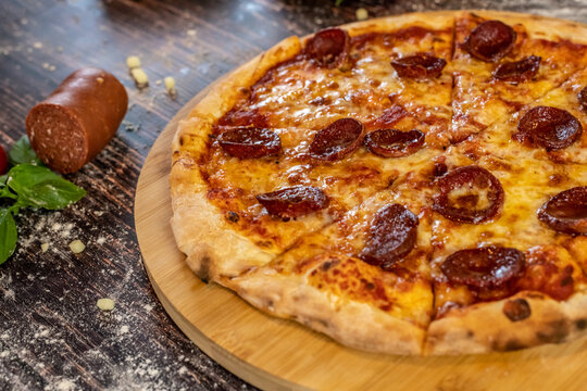 Pizza Sucuk delicous and fresh out of the oven close up