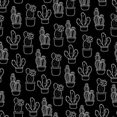 Seamless pattern with cute hand-drawn cacti black background.
