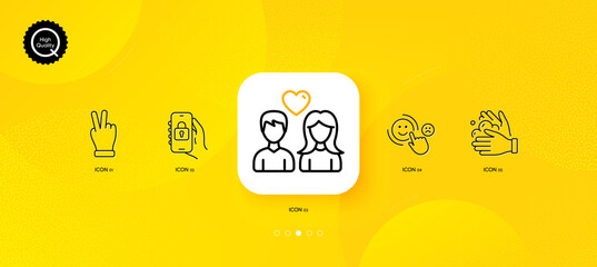 Fototapeta na wymiar Victory hand, Locked app and Customer satisfaction minimal line icons. Yellow abstract background. Couple love, Wash hands icons. For web, application, printing. Vector