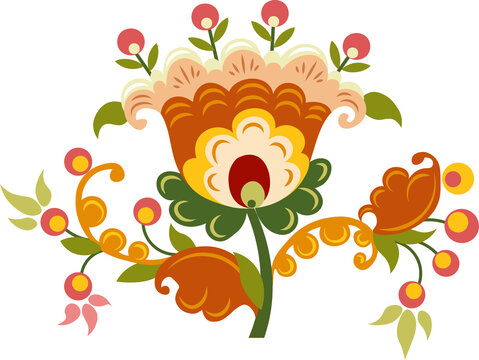 Rural ornamental flower branch. Slavic folkore tulip. Folk russian art element. 