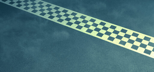 Race finish line - Rendering of blue green asphalt with white checkered line illuminated