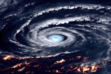 Super typhoon hurricane eye over sea ocean surface natural disaster with lava and water whirligig....
