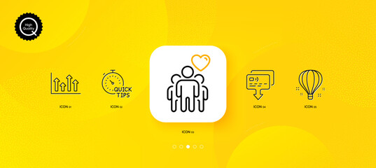 Fototapeta na wymiar Friendship, Air balloon and Card minimal line icons. Yellow abstract background. Upper arrows, Quick tips icons. For web, application, printing. Trust friends, Sky travelling, Send payment. Vector