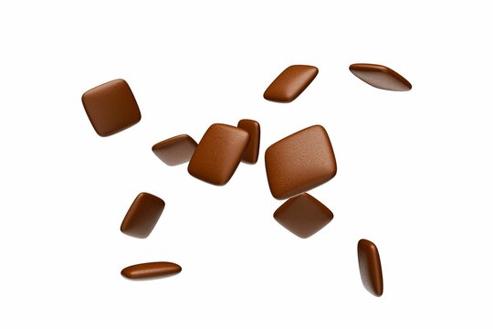 Naklejka 3D rendered brown chocolate coated candies flying in the air isolated on a white background