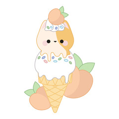 Cute chocolate ice cream in a cat-shaped cone with colorful sprinkles and peaches. On a white background.