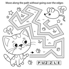 Handwriting practice sheet. Simple educational game or maze. Coloring Page Outline Of cartoon little cat with mouse. Coloring book for kids.