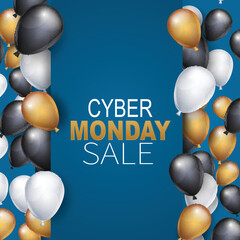 Cyber Monday sale banner. Special offer discount. blue background with glowing garland lights and white, red, and black balloons. Vector illustration.
