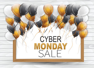 Cyber Monday sale banner. Special offer discount. Wooden background and white, red, and black balloons. Vector illustration.