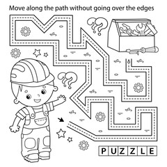 RHandwriting practice sheet. Simple educational game or maze. Coloring Page Outline Of cartoon worker with tools. Coloring book for kids.