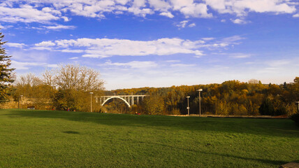 Fototapeta na wymiar landscape with trees, bridge, sky, view with bridge, 
