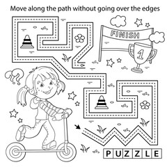 Handwriting practice sheet. Simple educational game or maze. Coloring Page Outline Of cartoon girl with scooter. Sport activity. Coloring book for kids.