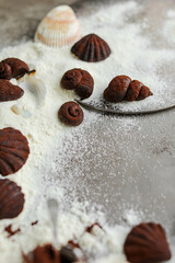 Handmade date chocolate candies in the form of shells. Healthy sweets made from dried fruits and oatmeal.