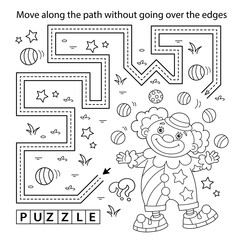 Handwriting practice sheet. Simple educational game or maze. Coloring Page Outline Of cartoon circus clown with colorful balls. Coloring book for kids.