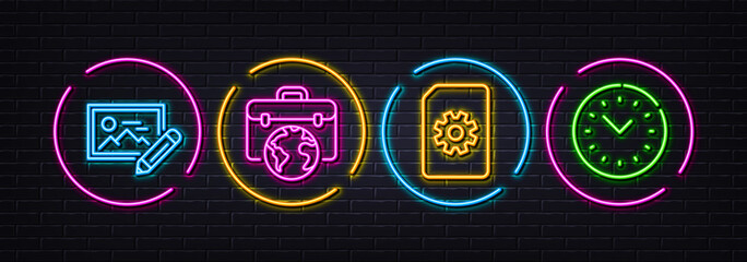 Photo edit, File management and Businessman case minimal line icons. Neon laser 3d lights. Time management icons. For web, application, printing. Vector