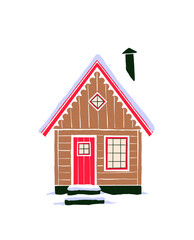 cute cabin in the snow isolated on white background. cozy cottage with chimney and snow in winter. christmas holidays new year seasonal travel getaway