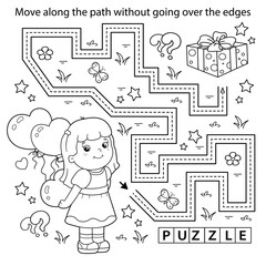 Handwriting practice sheet. Simple educational game or maze. Coloring Page Outline Of cartoon little girl with gifts and balloons. Birthday. Coloring book for kids.