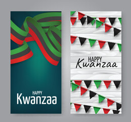 Kwanzaa banners set. Traditional african american ethnic holiday design concept. Green, red, and black colors ribbon. Vector illustration.