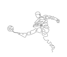 Continuous one line drawing of soccer player. A young man playing football player simple line art vector design.