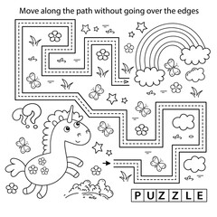 Handwriting practice sheet. Simple educational game or maze. Coloring Page Outline Of cartoon lovely magic unicorn. Fairy tale hero. Coloring book for kids.