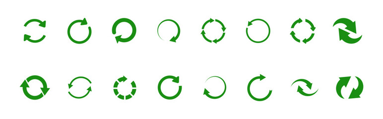 Green recycling and rotation arrow icon set. Flat design  elements for website, app for infographics materials isolated on white background.