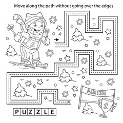 Handwriting practice sheet. Simple educational game or maze. Coloring Page Outline Of cartoon boy skiing. Winter sports. Coloring book for kids.