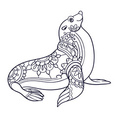 Cute Sea Lion cartoon mandala arts isolated on white background