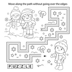 Handwriting practice sheet. Simple educational game or maze. Coloring Page Outline Of cartoon children with snowman. Winter. Coloring book for kids.