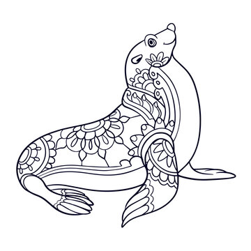 Cute Sea Lion cartoon mandala arts isolated on white background