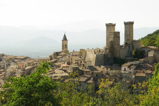 View of Pacentro and the Caldora or Cantelmo castle that dominates the characteristic mountain village - Abruzzo - Italy
