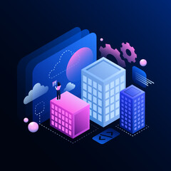 Metaworld Development Illustration. Three Colorful Buildings in the Metaverse. Vector illustration