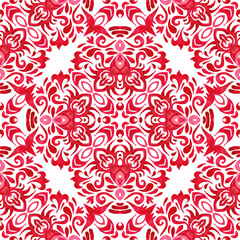 Watercolor red vignette seamless design Tiling mosaic abstract filigree background.